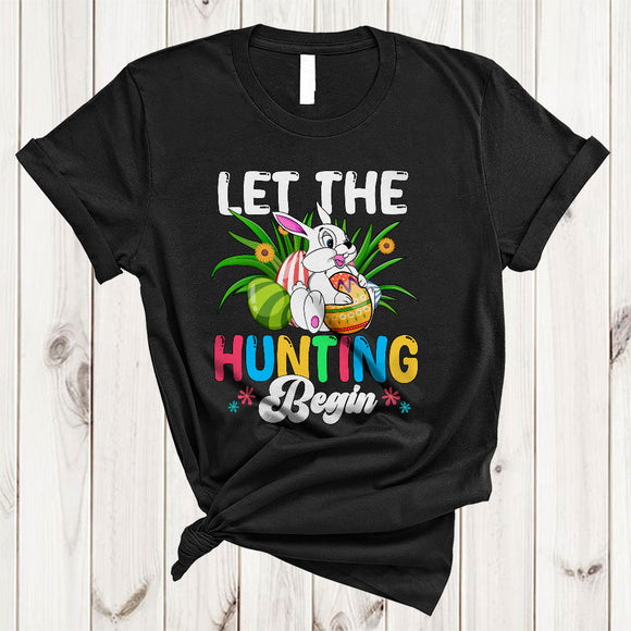 MacnyStore - Let The Hunting Begin, Joyful Easter Day Bunny Hunting Eggs, Flowers Family Group T-Shirt