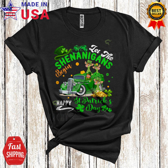 MacnyStore - Let The Shenanigans Begin Cool Funny St. Patrick's Day Leprechaun Giraffe Driving Pickup Truck T-Shirt