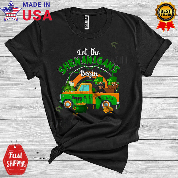 MacnyStore - Let The Shenanigans Begin Cute Cool St Patrick's Day Leprechaun Dachshund On Green Pickup Truck T-Shirt