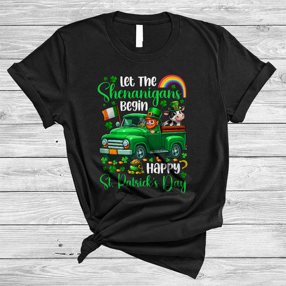 MacnyStore - Let The Shenanigans Begin, Happy St. Patrick's Day Cow On Pickup Truck Driver, Shamrocks T-Shirt