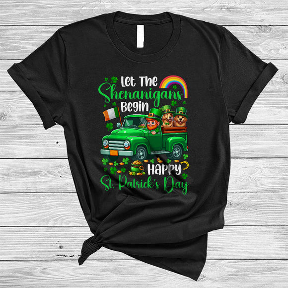 MacnyStore - Let The Shenanigans Begin, Happy St. Patrick's Day Golden Retriever On Pickup Truck, Shamrocks T-Shirt