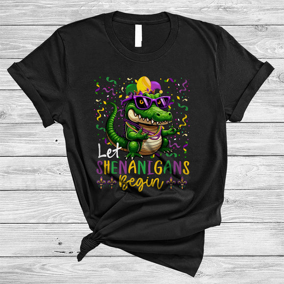 MacnyStore - Let The Shenanigans Begin, Lovely Mardi Gras Alligator Wearing Glasses Beads, Parade Group T-Shirt