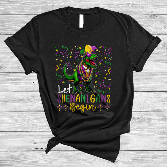 MacnyStore - Let The Shenanigans Begin, Lovely Mardi Gras T-Rex Wearing Glasses Beads, Dinosaur Lover T-Shirt