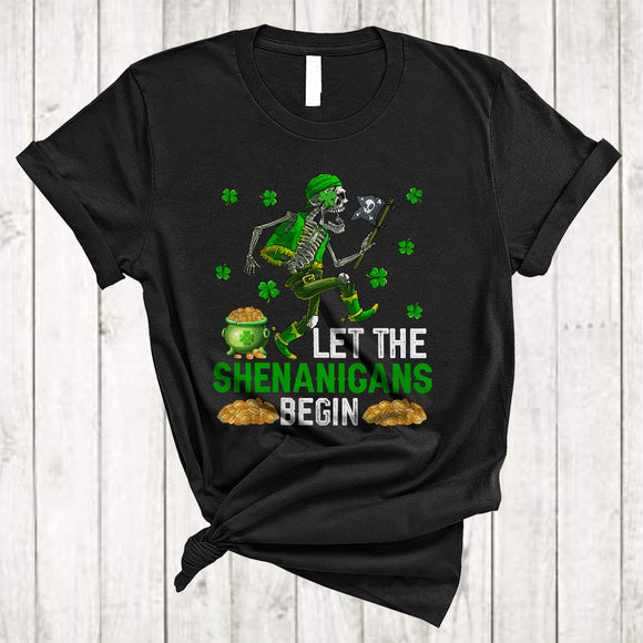 MacnyStore - Let The Shenanigans Begin, Scary St. Patrick's Day Leprechaun Pirate, Irish Shamrock Pot Of Gold T-Shirt