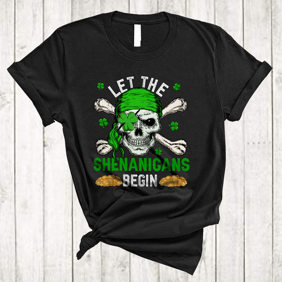 MacnyStore - Let The Shenanigans Begin, Scary St. Patrick's Day Skull Pirate, Irish Lucky Shamrock Pot Of Gold T-Shirt