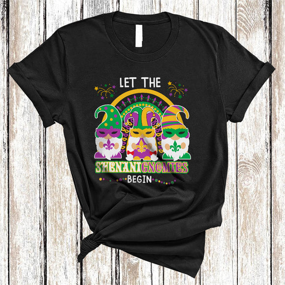 MacnyStore - Let The Shenanignomies Begin, Lovely Mardi Gras Three Gnomes Rainbow, Parades Group T-Shirt