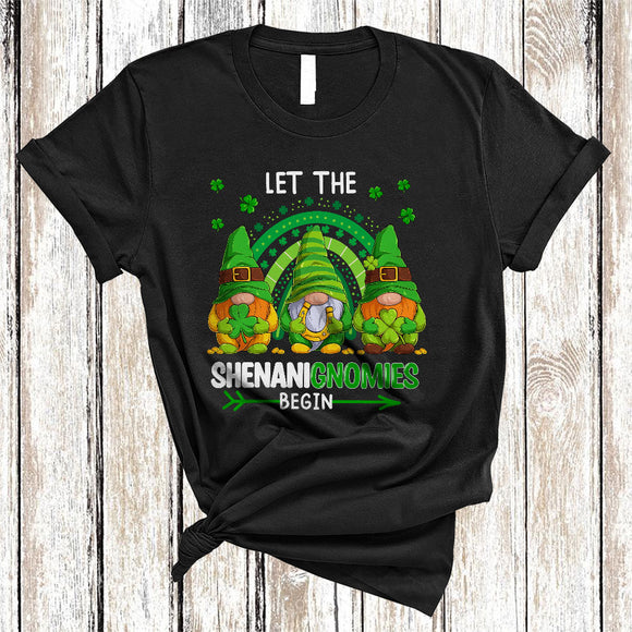MacnyStore - Let The Shenanignomies Begin, Lovely St. Patrick's Day Three Gnomes Rainbow, Shamrocks T-Shirt