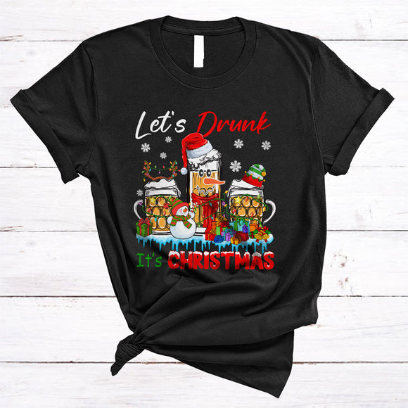 MacnyStore - Let's Drunk It's Christmas, Sarcastic Three Santa Reindeer ELF Beer Glasses, X-mas Drinking Team T-Shirt