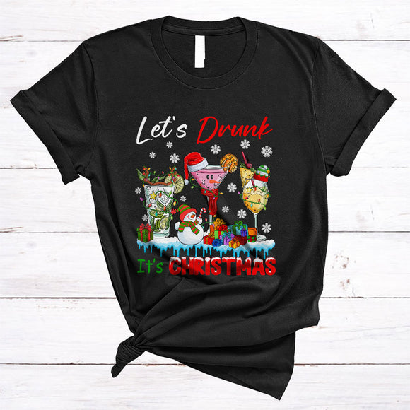 MacnyStore - Let's Drunk It's Christmas, Sarcastic Three Santa Reindeer ELF Cocktail Glasses, X-mas Drinking Team T-Shirt
