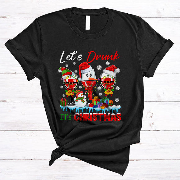 MacnyStore - Let's Drunk It's Christmas, Sarcastic Three Santa Reindeer ELF Wine Glasses, X-mas Drinking Team T-Shirt