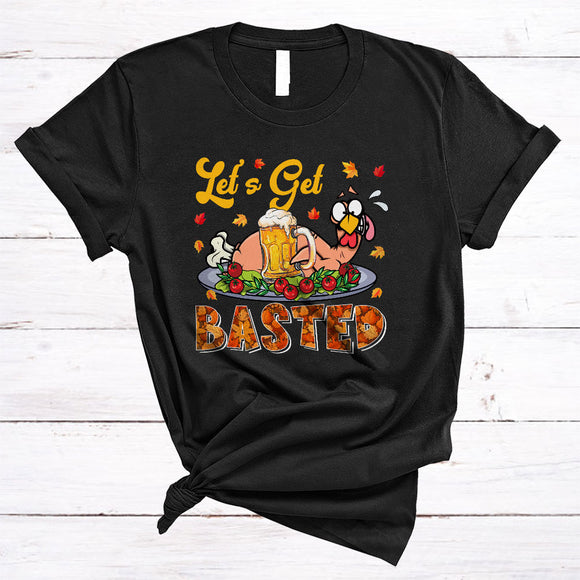 MacnyStore - Let's Get Basted Cool Thanksgiving Matching Family Dinner Fall Leaf Turkey Drinking Beer Drinking T-Shirt