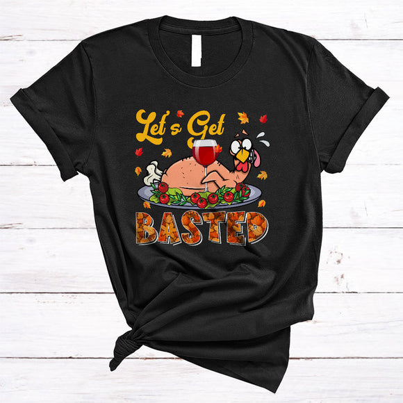 MacnyStore - Let's Get Basted Cool Thanksgiving Matching Family Dinner Fall Leaf Turkey Drinking Wine Drinking T-Shirt