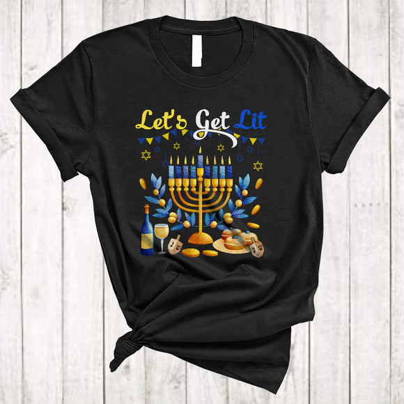 MacnyStore - Let's Get Lit, Joyful Hanukkah Chanukah Menorah, Proud Jewish Family Menorah Lights Dreidel T-Shirt