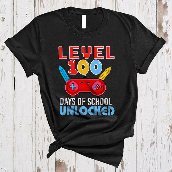 MacnyStore - Level 100 Days Of School Unlocked, Colorful Video Game Controller, Student Teacher Gamer T-Shirt
