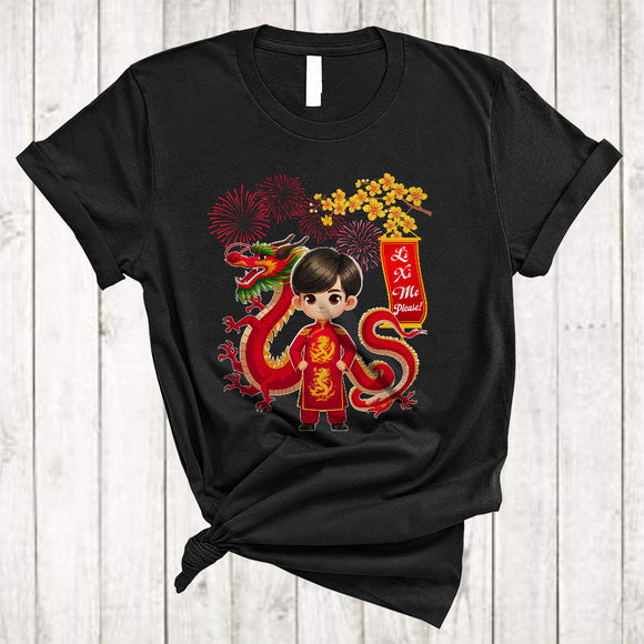 MacnyStore - Li Xi Me Please, Adorable Cool Lunar New Year Vietnamese Boy In Ao Dai Traditional Flowers T-Shirt