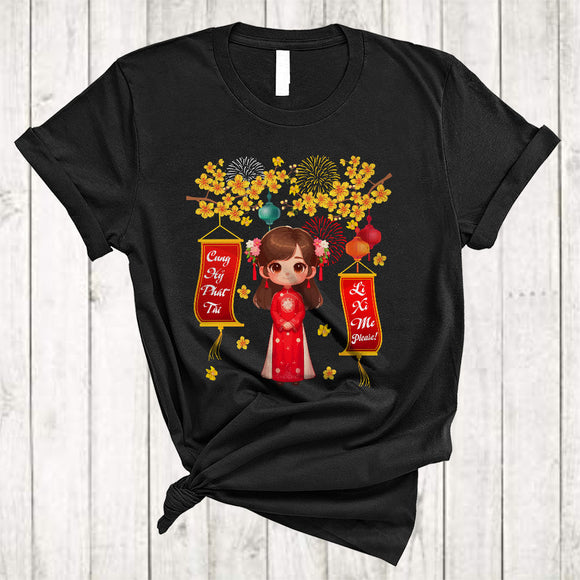 MacnyStore - Li Xi Me Please, Adorable Cool Lunar New Year Vietnamese Girls In Ao Dai Traditional Flowers T-Shirt