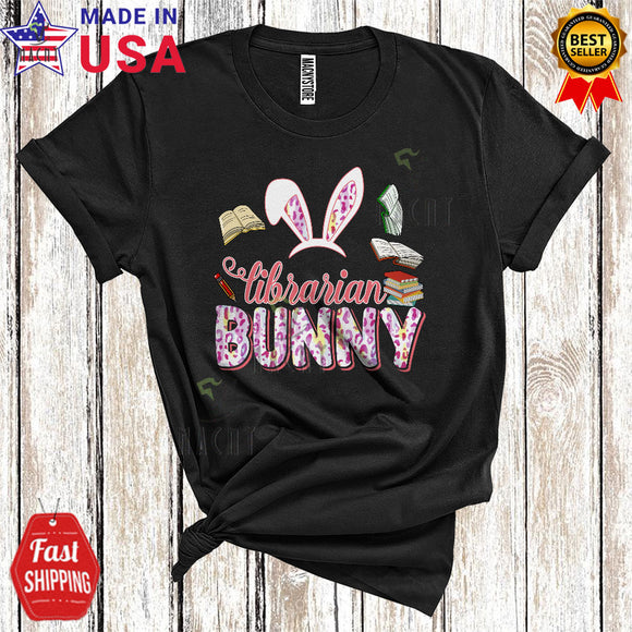 MacnyStore - Librarian Bunny Cool Happy Easter Day Leopard Bunny Lover Matching Librarian Group T-Shirt