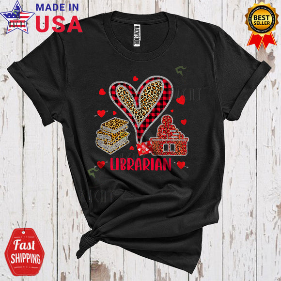 MacnyStore - Librarian Cute Cool Valentine's Day Leopard Plaid Heart Shape Books Apple Lover Matching Group T-Shirt