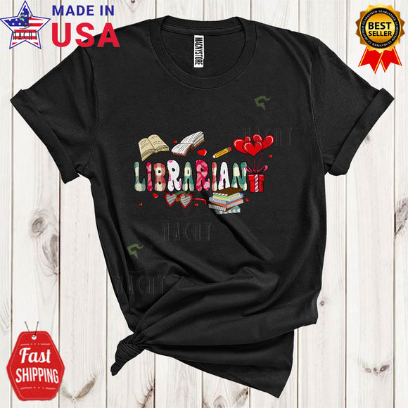 MacnyStore - Librarian Cute Cool Valentine's Day Plaid Hearts Librarian Tools Matching Couple Group T-Shirt