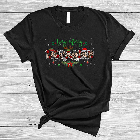 MacnyStore - Very Merry Librarian, Joyful Christmas Red Plaid Leopard Snow Around, Matching Librarian Group T-Shirt