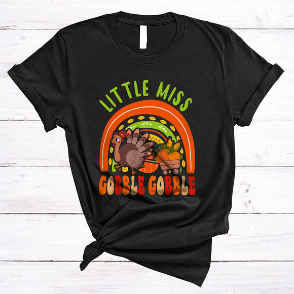 MacnyStore - Little Miss Gobble Gobble, Adorable Thanksgiving Turkey Rainbow, Fall Autumn Leaf Lover T-Shirt