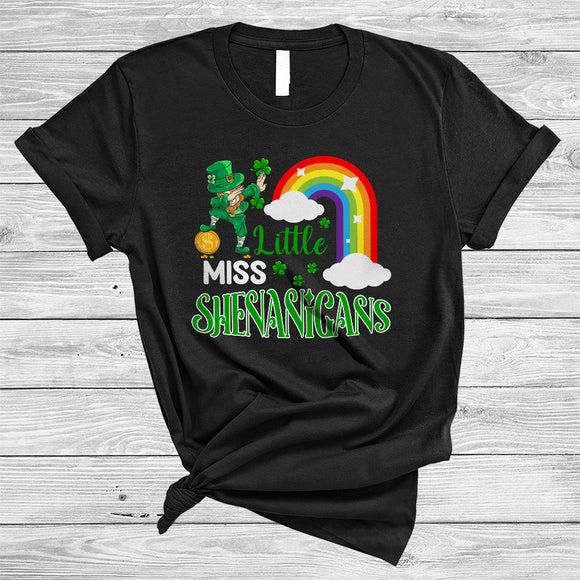 MacnyStore - Little Miss Shenanigans, Adorable St. Patrick's Day Dabbing Leprechaun, Rainbow Shamrock T-Shirt