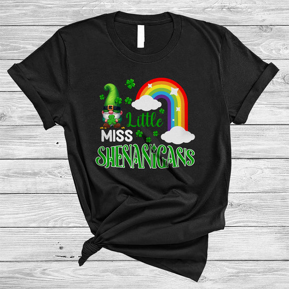 MacnyStore - Little Miss Shenanigans, Adorable St. Patrick's Day Leprechaun Gnome, Rainbow Shamrock T-Shirt