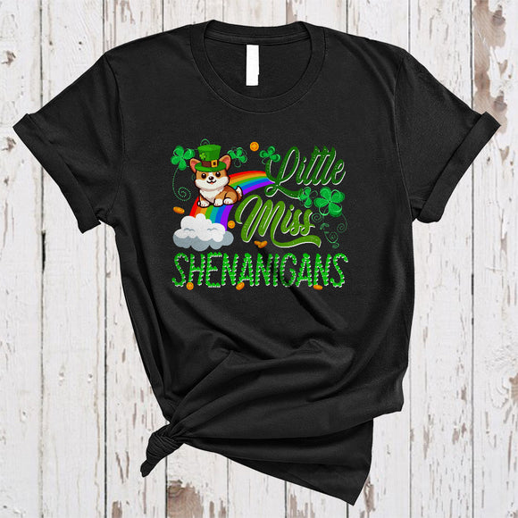 MacnyStore - Little Miss Shenanigans, Lovely St. Patrick's Day Corgi Leprechaun, Rainbow Shamrock T-Shirt