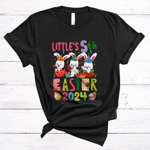 MacnyStore - Little's 5th Easter 2024, Adorable Easter Day Birthday Three Bunnies, Family Group Egg Hunting T-Shirt
