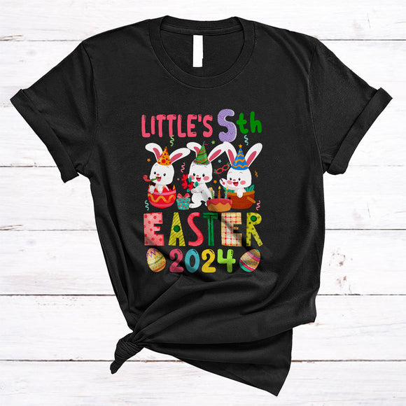 MacnyStore - Little's 5th Easter 2024, Adorable Easter Day Birthday Three Bunnies, Family Group Egg Hunting T-Shirt