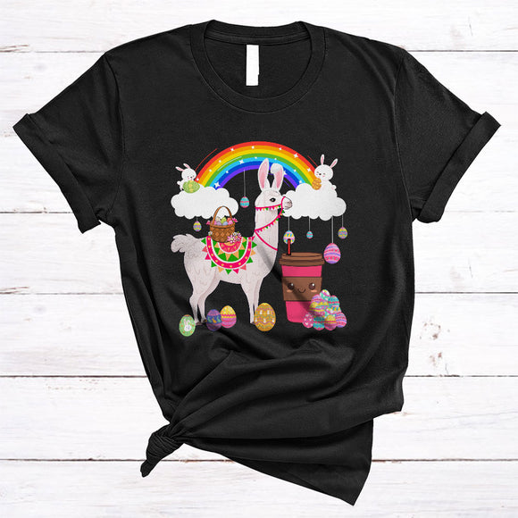 MacnyStore - Llama Drinking Coffee, Wonderful Easter Day Coffee Lover Rainbow, Easter Eggs Hunt Group T-Shirt