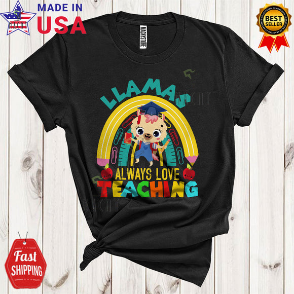 MacnyStore - Llamas Always Love Teaching Cute Cool Back To School Teachers Llama Pencil Rainbow T-Shirt
