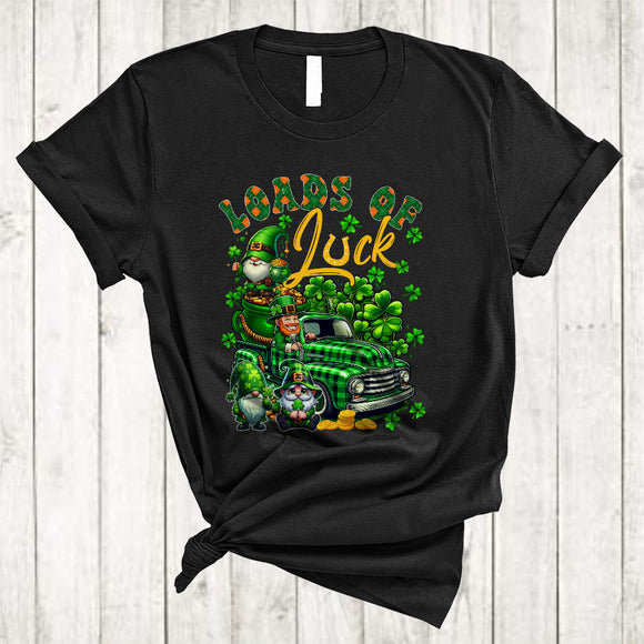 MacnyStore - Loads Of Luck, Adorable St. Patrick's Day Gnomes On Green Plaid Pickup Truck, Lucky Shamrocks T-Shirt