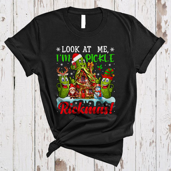 MacnyStore - Look At Me I'm Pickle Rickmas Cute Funny Christmas Snow Xmas House Three Santa Pickles T-Shirt