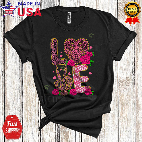 MacnyStore - Love Cute Happy Valentine's Day Roses Leopard Skeleton X-Ray Heart Shape Matching Couple T-Shirt