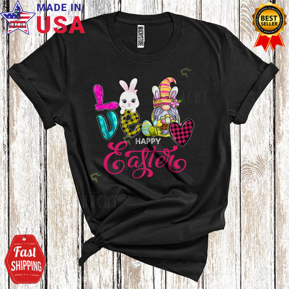 MacnyStore - Love Happy Easter Cool Cute Easter Day Plaid Bunny Gnome Hunting Easter Eggs Matching Family Group T-Shirt
