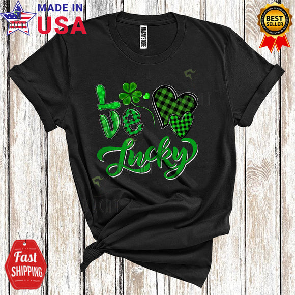 MacnyStore - Love Lucky Cute Happy St. Patrick's Day Green Plaid Heart Shamrock Lover Matching Family Group T-Shirt