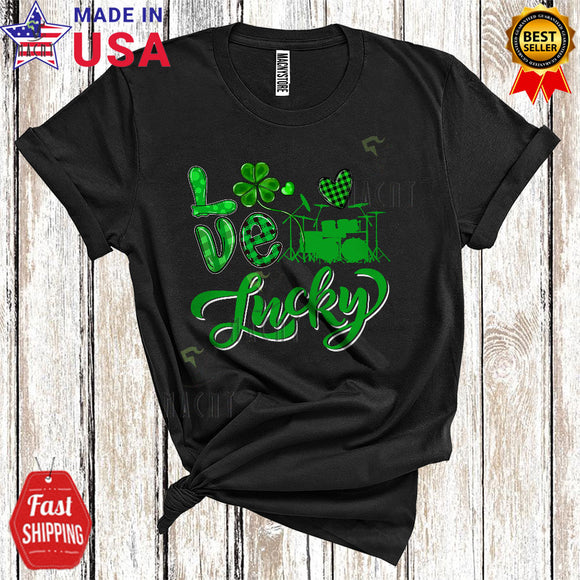 MacnyStore - Love Lucky Cute Happy St. Patrick's Day Green Plaid Shamrock Drum Player Lover T-Shirt