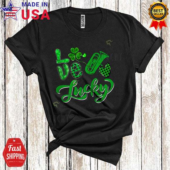 MacnyStore - Love Lucky Cute Happy St. Patrick's Day Green Plaid Shamrock Tuba Player Lover T-Shirt