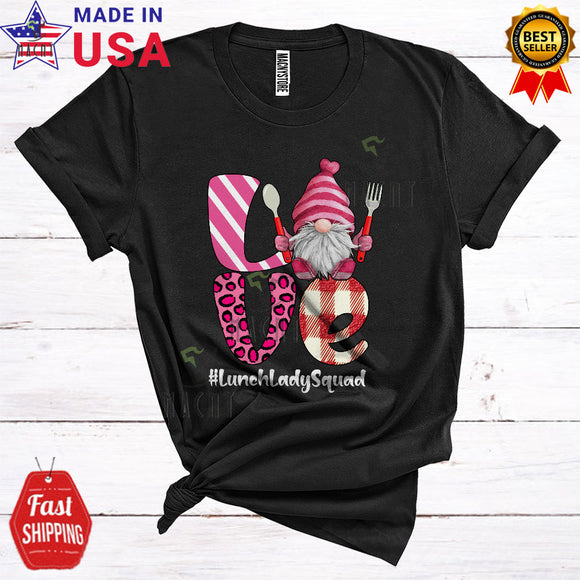 MacnyStore - Love Lunch Lady Squad Cute Happy Valentine's Day Leopard Plaid Gnome Lover Matching Group T-Shirt