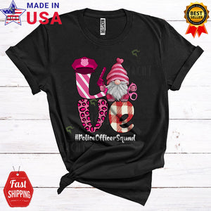 MacnyStore - Love Police Officer Squad Cute Happy Valentine's Day Leopard Plaid Gnome Lover Matching Group T-Shirt
