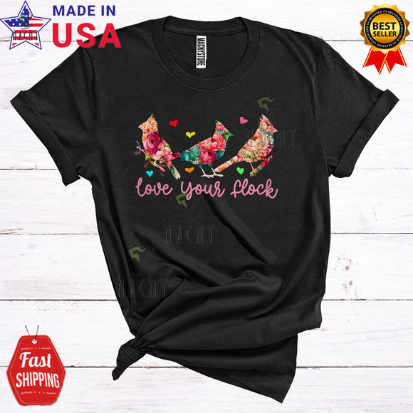 MacnyStore - Love Your Flock Cool Cute Floral Three Cardinal Birds Matching Bird Animal Lover T-Shirt