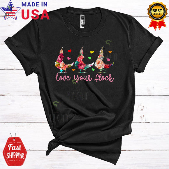 MacnyStore - Love Your Flock Cool Cute Floral Three Cockatiels Birds Matching Bird Animal Lover T-Shirt