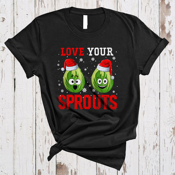 MacnyStore - Love Your Sprouts, Funny Cheerful Christmas Two Santa Brussel Sprouts, Adult X-mas Snow Around T-Shirt
