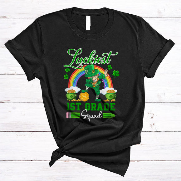 MacnyStore - Luckiest 1st Grade Squad, Cheerful St. Patrick's Day Dabbing Irish Rainbow, Teaching Teacher Group T-Shirt