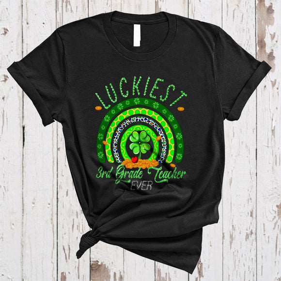 MacnyStore - Luckiest 3rd Grade Teacher Ever, Joyful St. Patrick's Day Shamrock Rainbow, Teacher Group T-Shirt