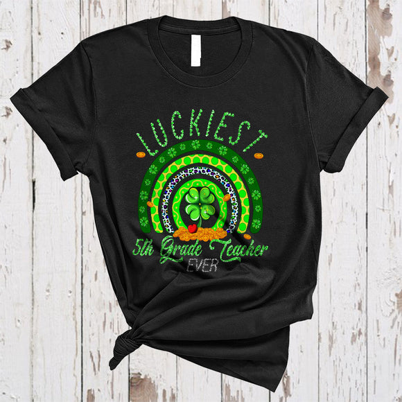 MacnyStore - Luckiest 5th Grade Teacher Ever, Joyful St. Patrick's Day Shamrock Rainbow, Teacher Group T-Shirt