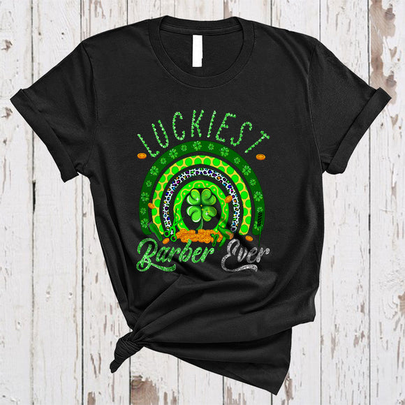 MacnyStore - Luckiest Barber Ever, Joyful St. Patrick's Day Shamrock Rainbow, Matching Barber Group T-Shirt
