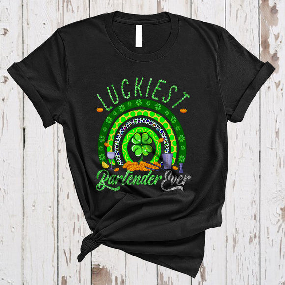 MacnyStore - Luckiest Bartender Ever, Joyful St. Patrick's Day Shamrock Rainbow, Matching Bartender Group T-Shirt
