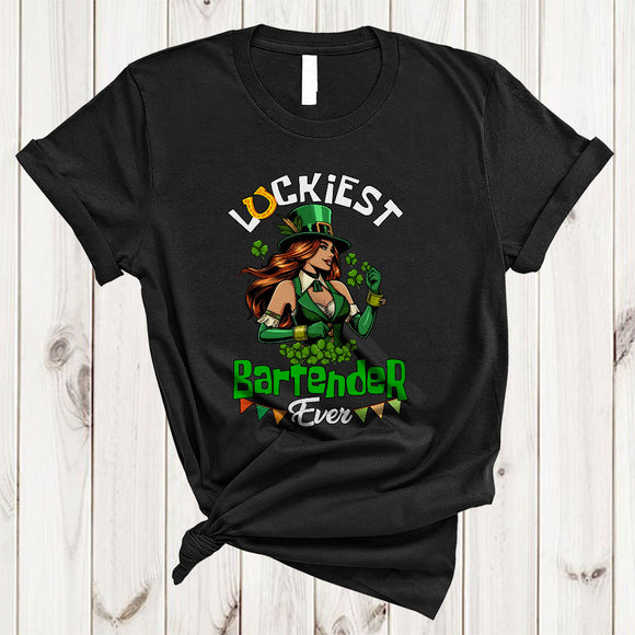 MacnyStore - Luckiest Bartender Ever, Wonderful St. Patrick's Day Irish Girl Women, Lucky Shamrock Horseshoe T-Shirt